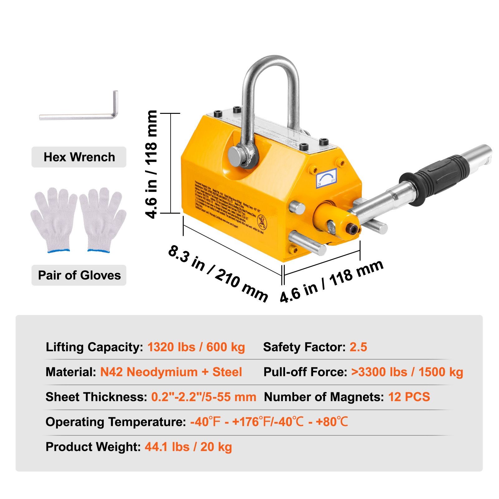 Magnetic Lifter, 1320 lbs/ 600kg Pulling Capacity, 2.5 Safety Factor, Steel and