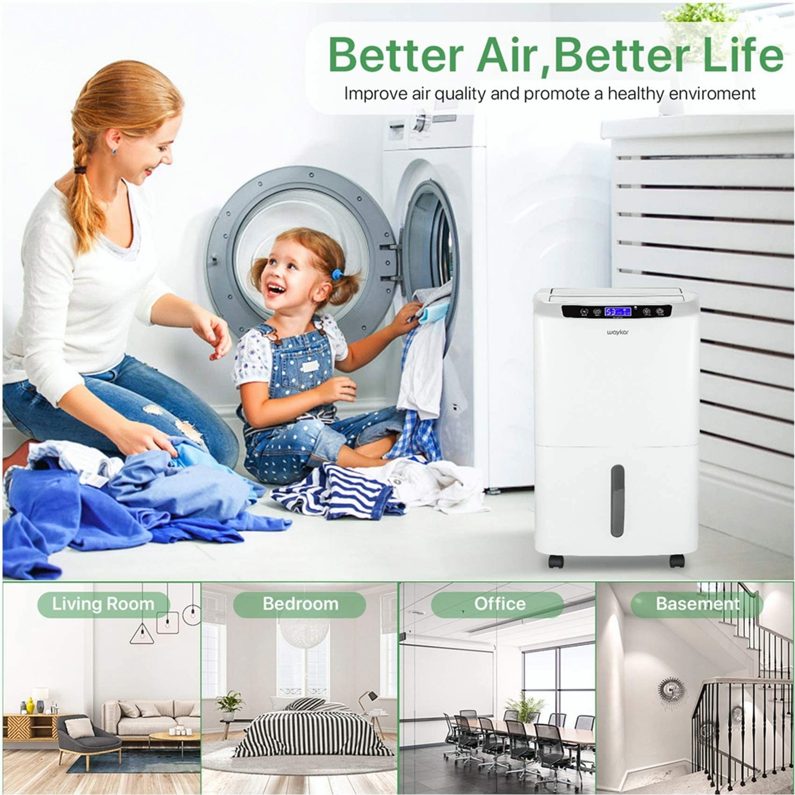 Waykar 2000 Sq. Ft Dehumidifier for Home and Basements, with Auto or Manual D…