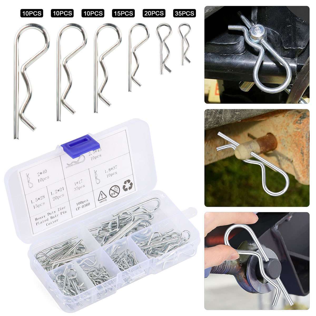 100 Pcs Cotter Pins Assortment Kit Hitch Pin Clip Locking R Hairpin Mower Deck