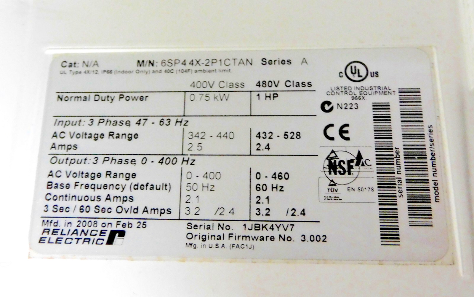 Reliance Electric – 6SP44X-2P1CTAN Series A Normal Duty Power AC Drive 480 V