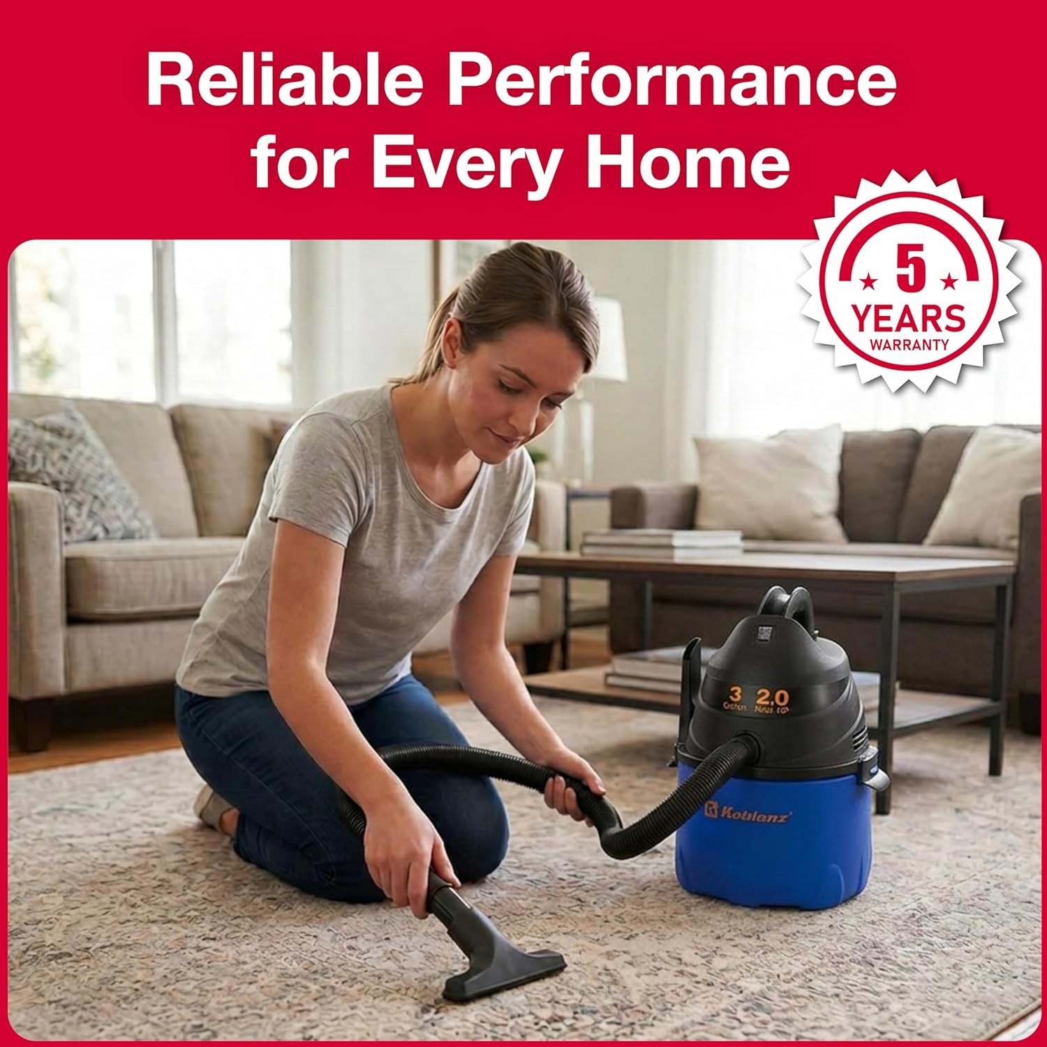 Koblenz Wet Dry Vacuum Cleaner, 3 Gallon 2.0 PHP, Twist-N-Lock Hose, Small Shop