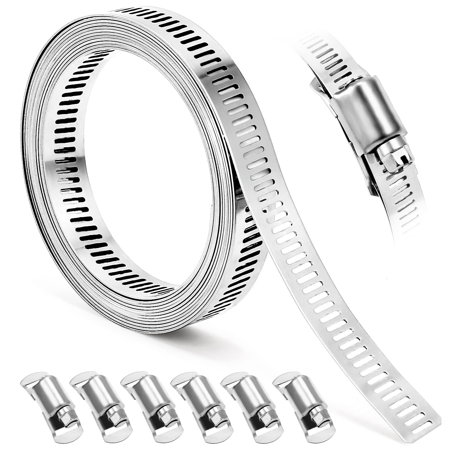 8.5 Ft DIY Hose Clamp Metal Strap with 6 Fasteners Silver Kit