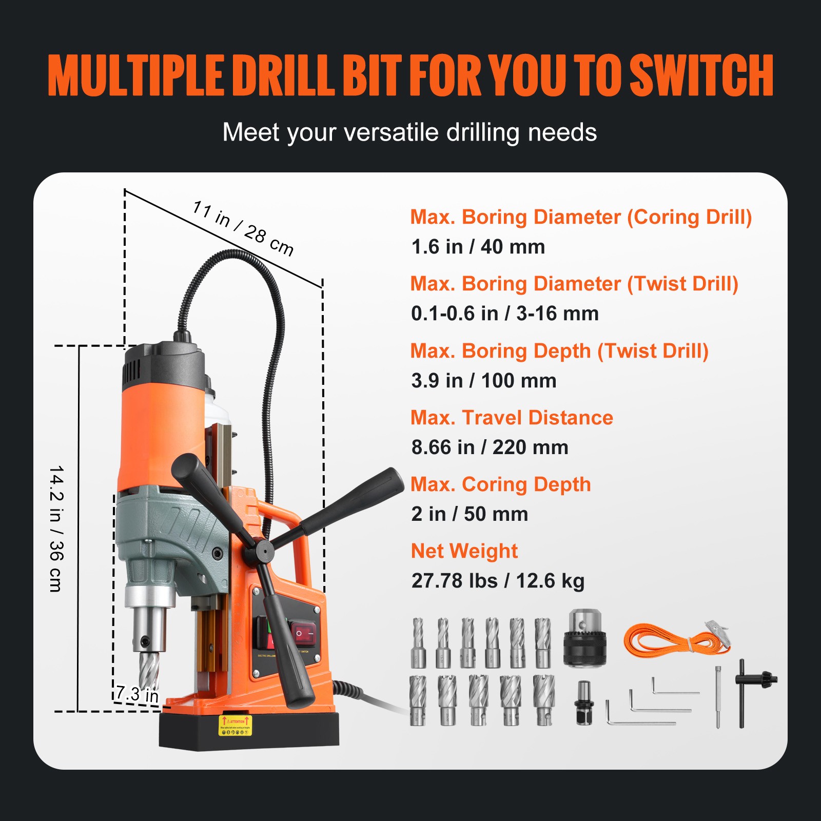 Uimoso Magnetic Drill Press 1450W, 2810 lbf Force,1.6 in Drill Capacity, 11 Bits
