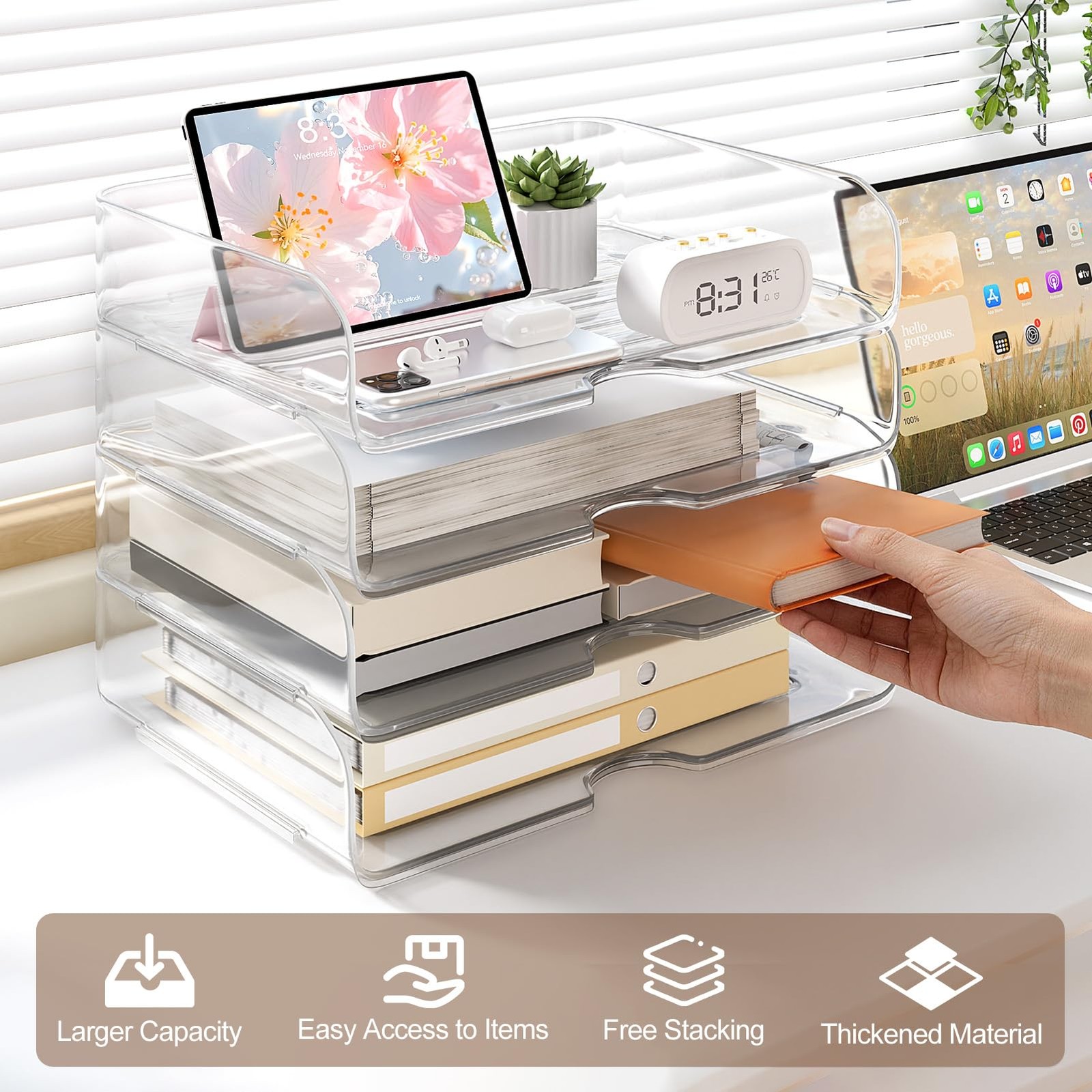 NUOGIC 4-Tier Large-Capacity Paper Organizer, 13 x 9.65 x 10.9 inches, Clear