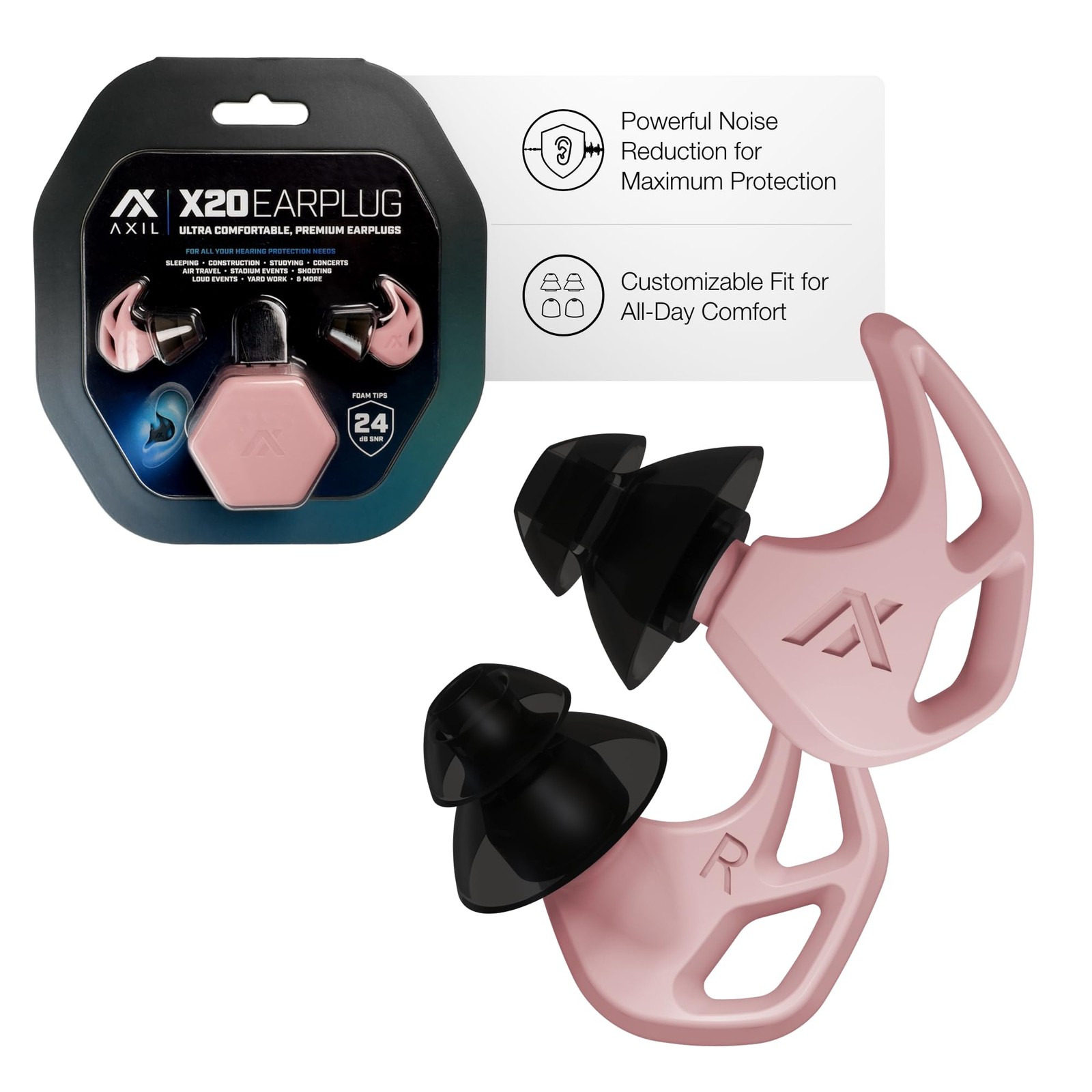 AXIL X20 Ear Plugs Pink Noise Reduction Hearing Protection Reusable 24dB Case