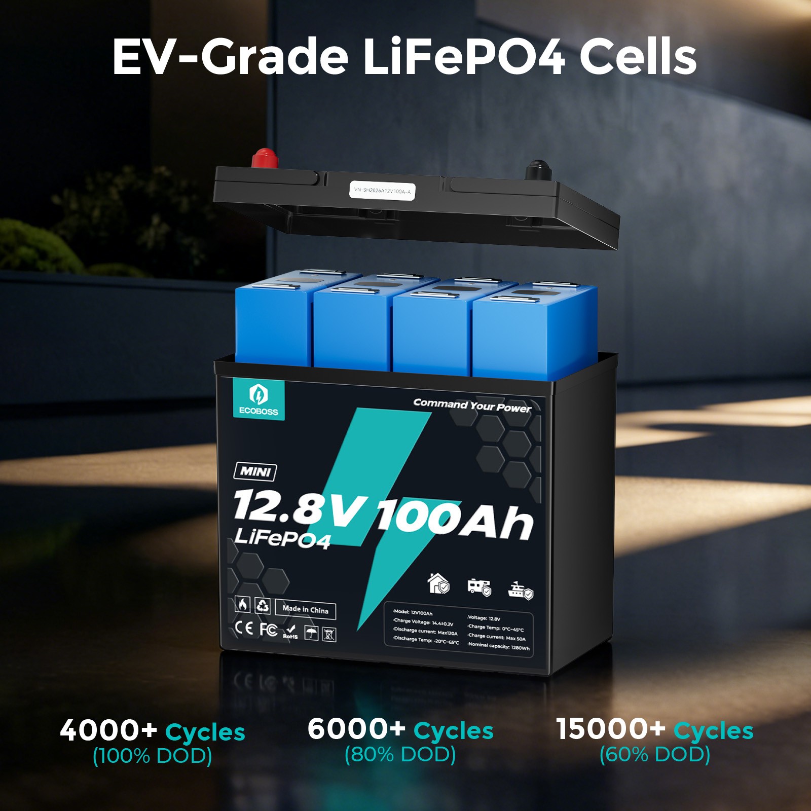 12V 100Ah LiFePO4 Lithium Battery Mini Deep Cycle for Solar RV Trolling Motor