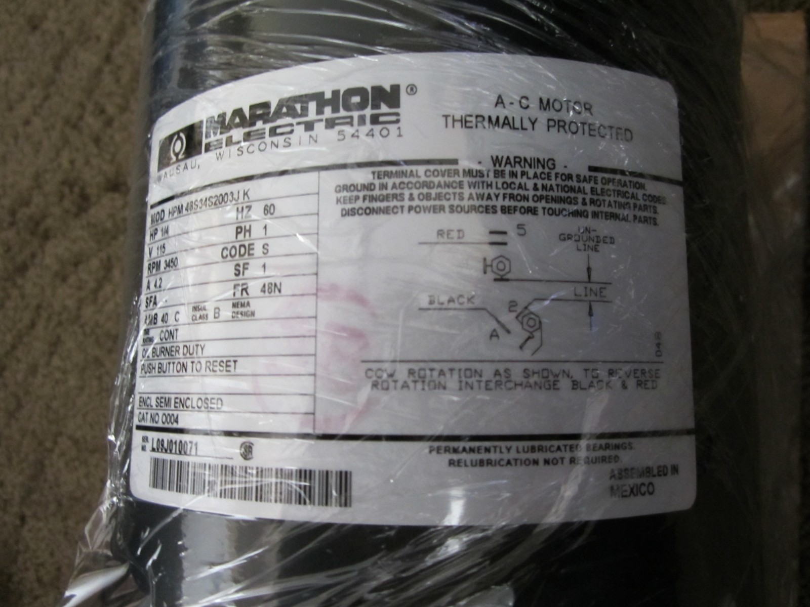 Marathon 048S34S2003, Single Phase HVAC Motor, 1/4 HP, 115 Volts, 4.2 Amps