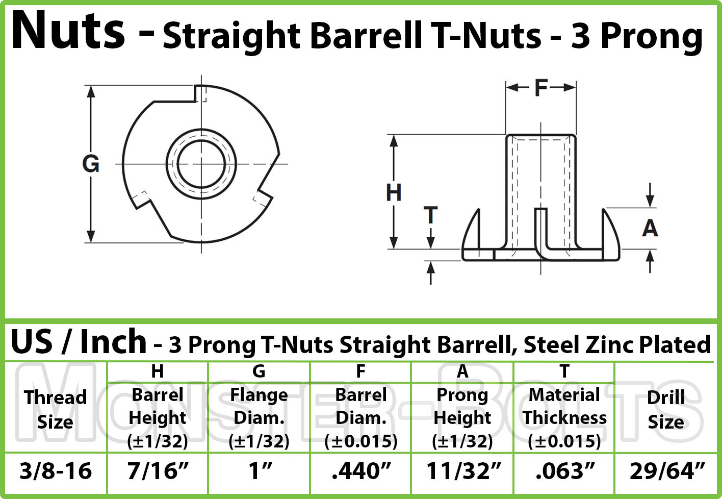 3/8″-16 Tee Nuts 3-Prong, CR+3 Zinc Plated Steel T-Nut 7/16″ Overall Length