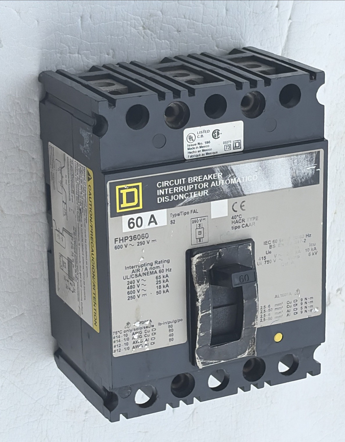 SQUARE D FHP36060 Circuit Breaker 60A, 600 VAC, 3-POLE *GREAT CONDITION*