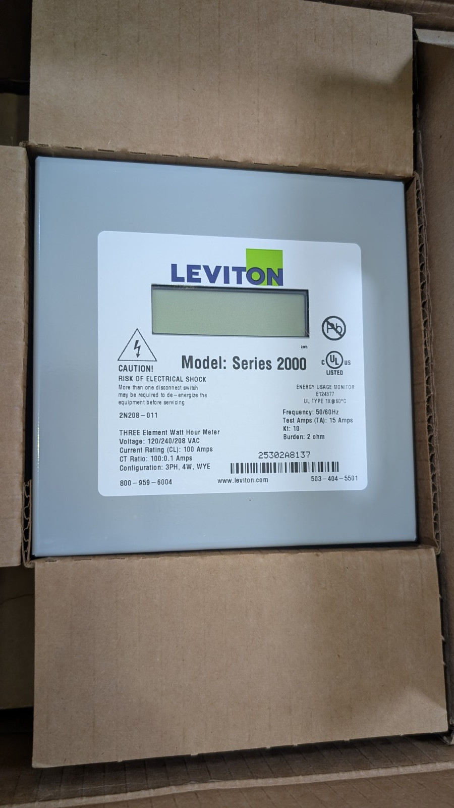 Leviton 2K208-1SW Series 2000 Indoor Usage Meter 3 Solid Core CTs 120/208 VAC