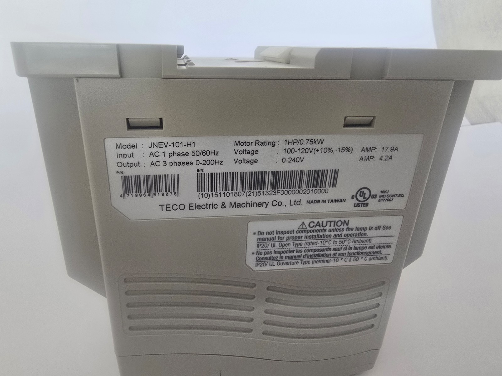 TECO JNEV-101-H1 Variable Frequency Drive 120vac in/ 240vac 3 ph out 1HP 0.75KW