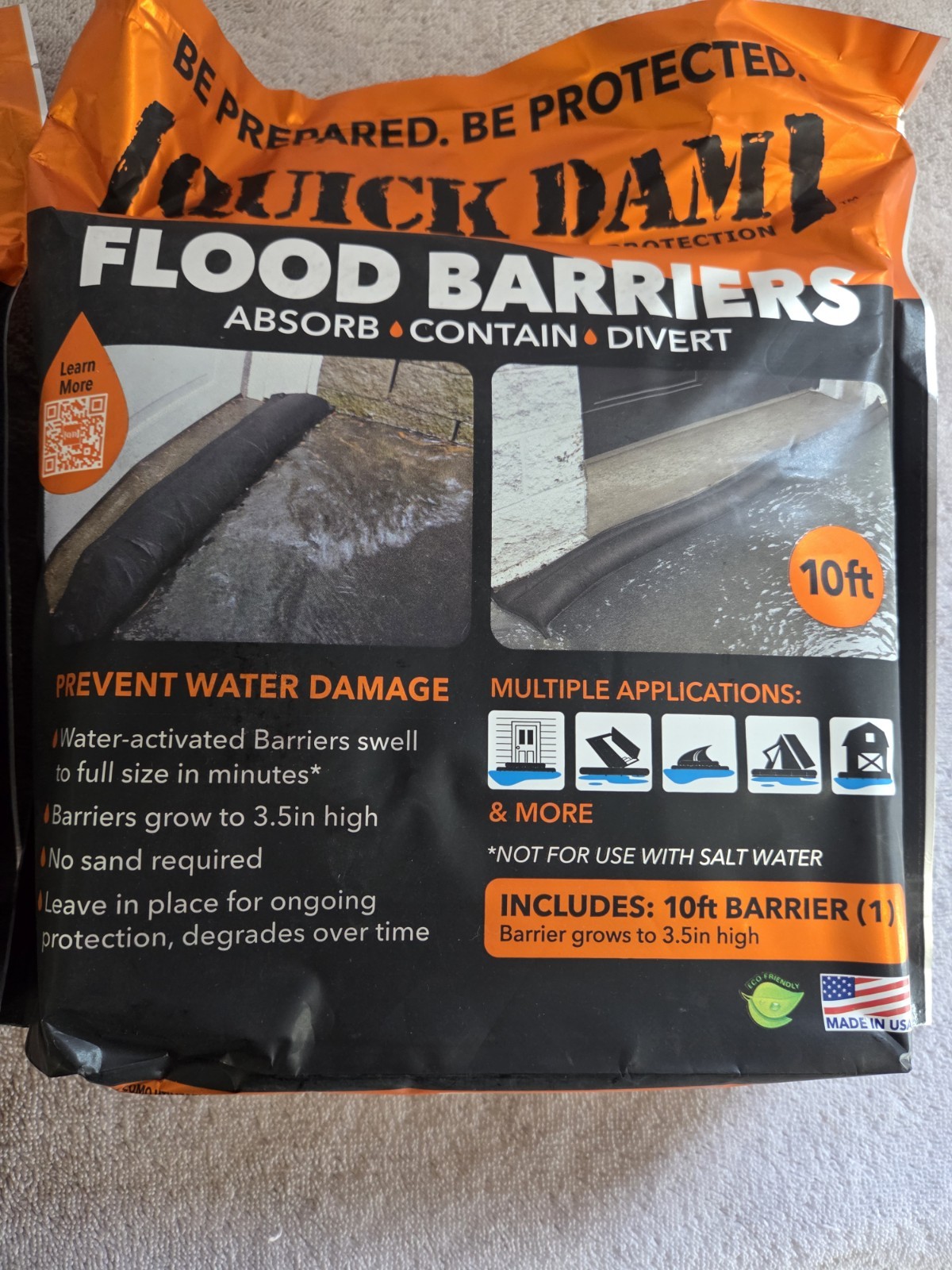 2 Packs Of Quick Dam Flood Barrier 3.5 in x 10 ft Length Flood Protection