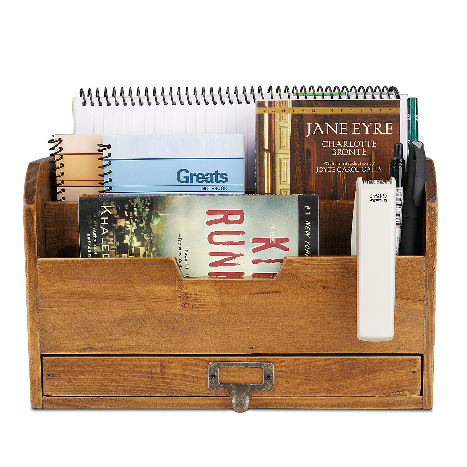 3 Tier Wooden Desk Organizer – Rustic Slot Sorter Shelf Holder with Drawer