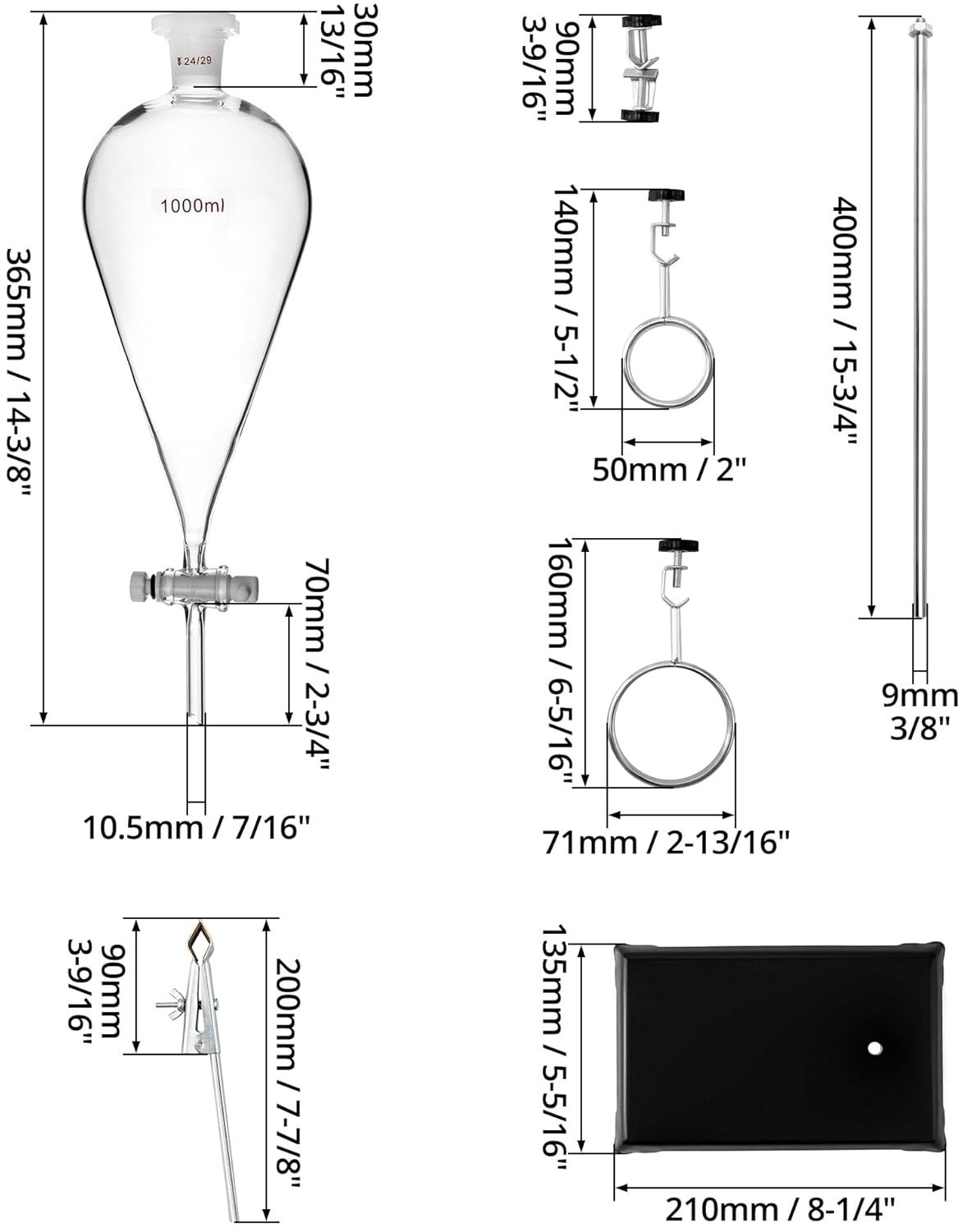 1000ml Heavy Wall Conical Separating Funnel with 24/29 Fitting and PTFE Stopcock