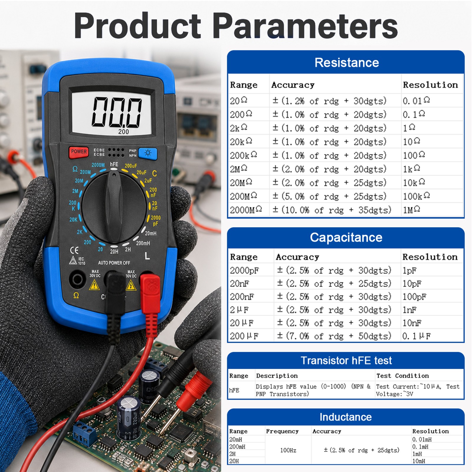 Digital Multimeter Capacitance Resistance Inductance hFE Tester LCR Meter Tool