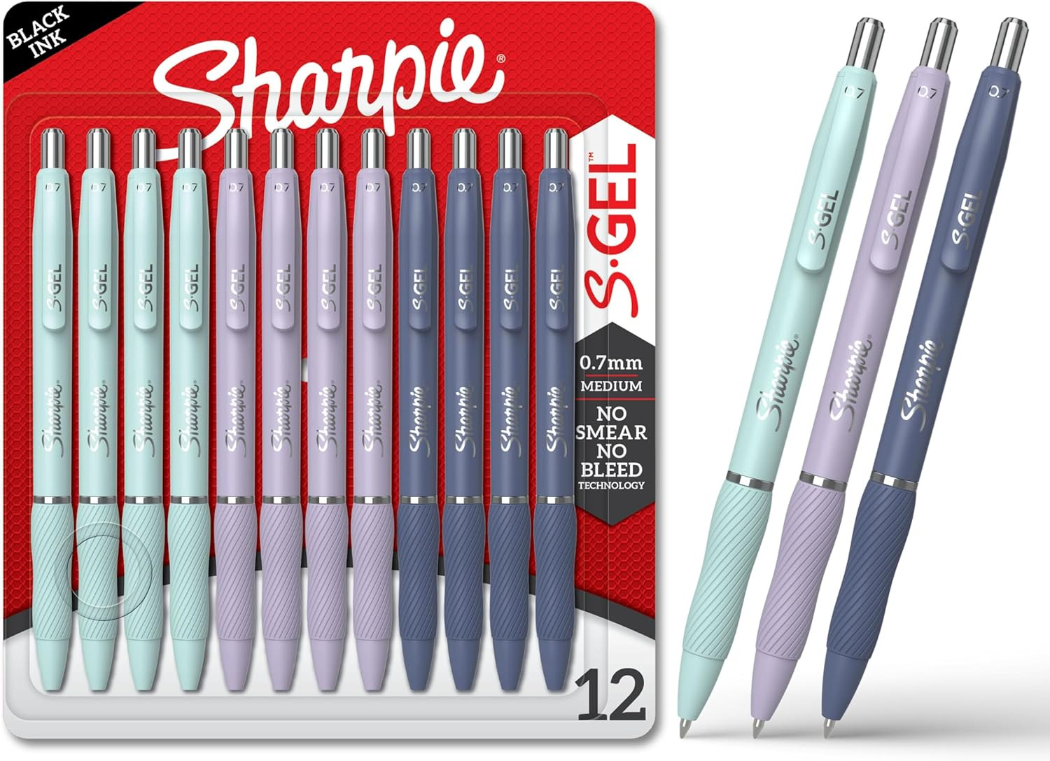 Sharpie S-Gel Pens, Medium Point 0.7mm, Black Ink, 12 Count, Assorted Barrels