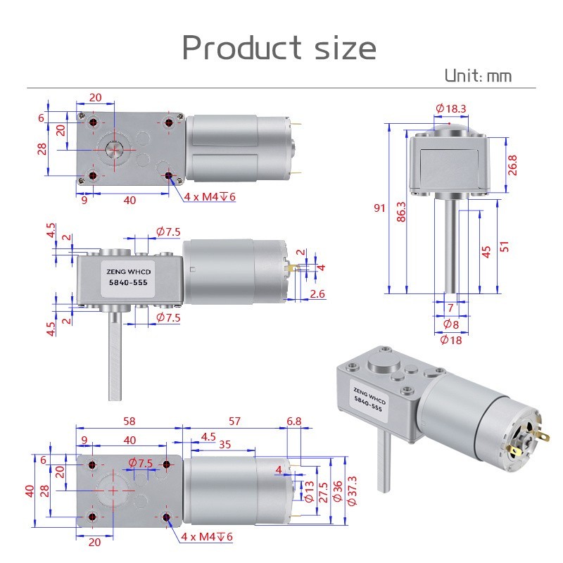 5840-555 Worm Gear Brush Motor 12V 24V Single Long Shaft Self-locking Metal Gear