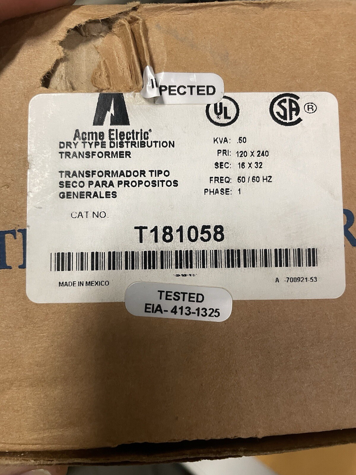 ACME Electric Transformer T181058 120/240VAC 50/60Hz 500V