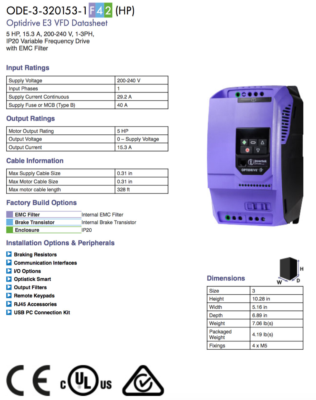 ODE-3-320153-1042 – Invertek VFD – 5HP 15.3A 200V-240V 1Ph/3Ph – VFDexchange