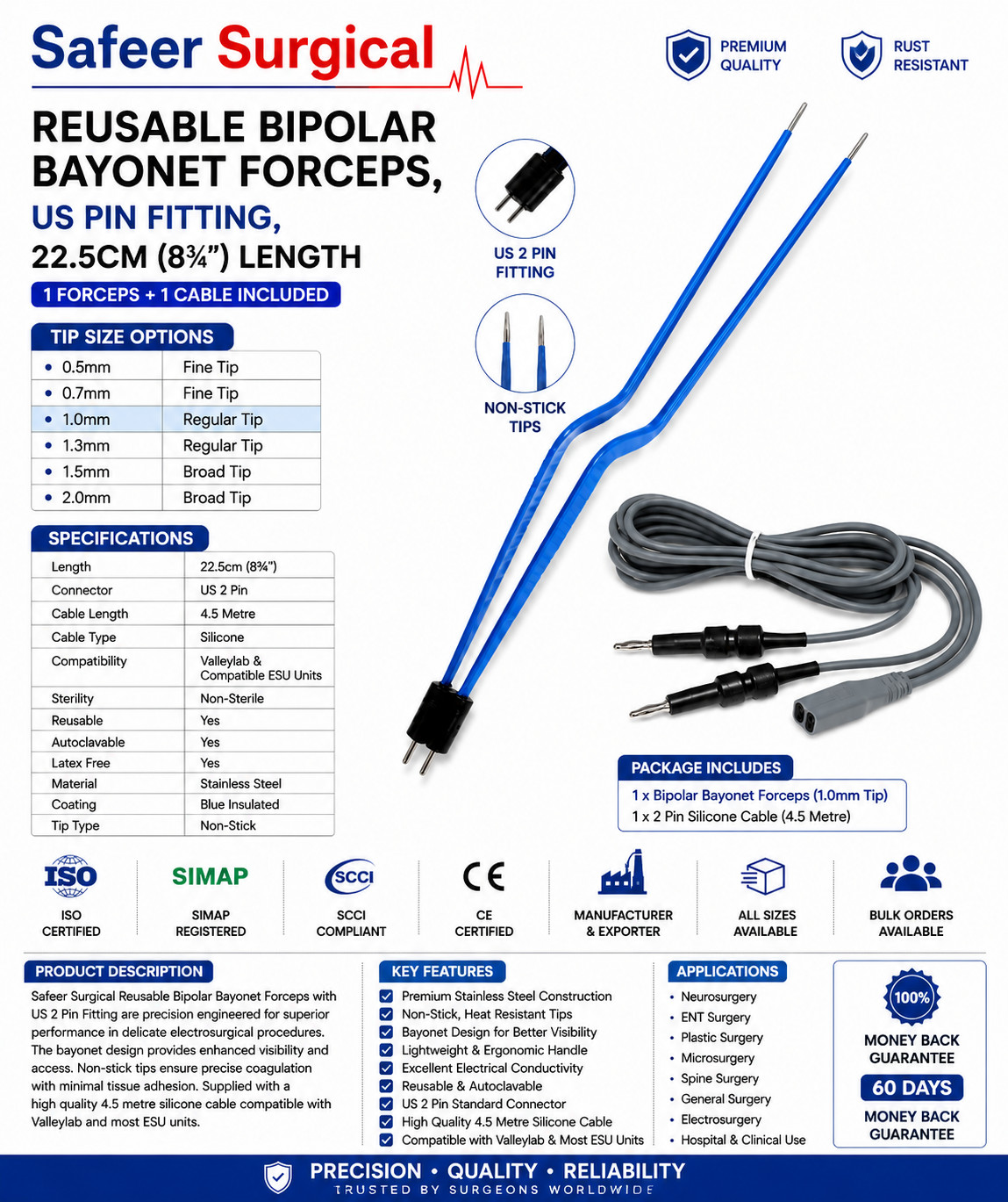 Reusable Bipolar Bayonet Forceps 2Pin Cable Non Stick Malleable 22.5cm 0.5-2.0mm