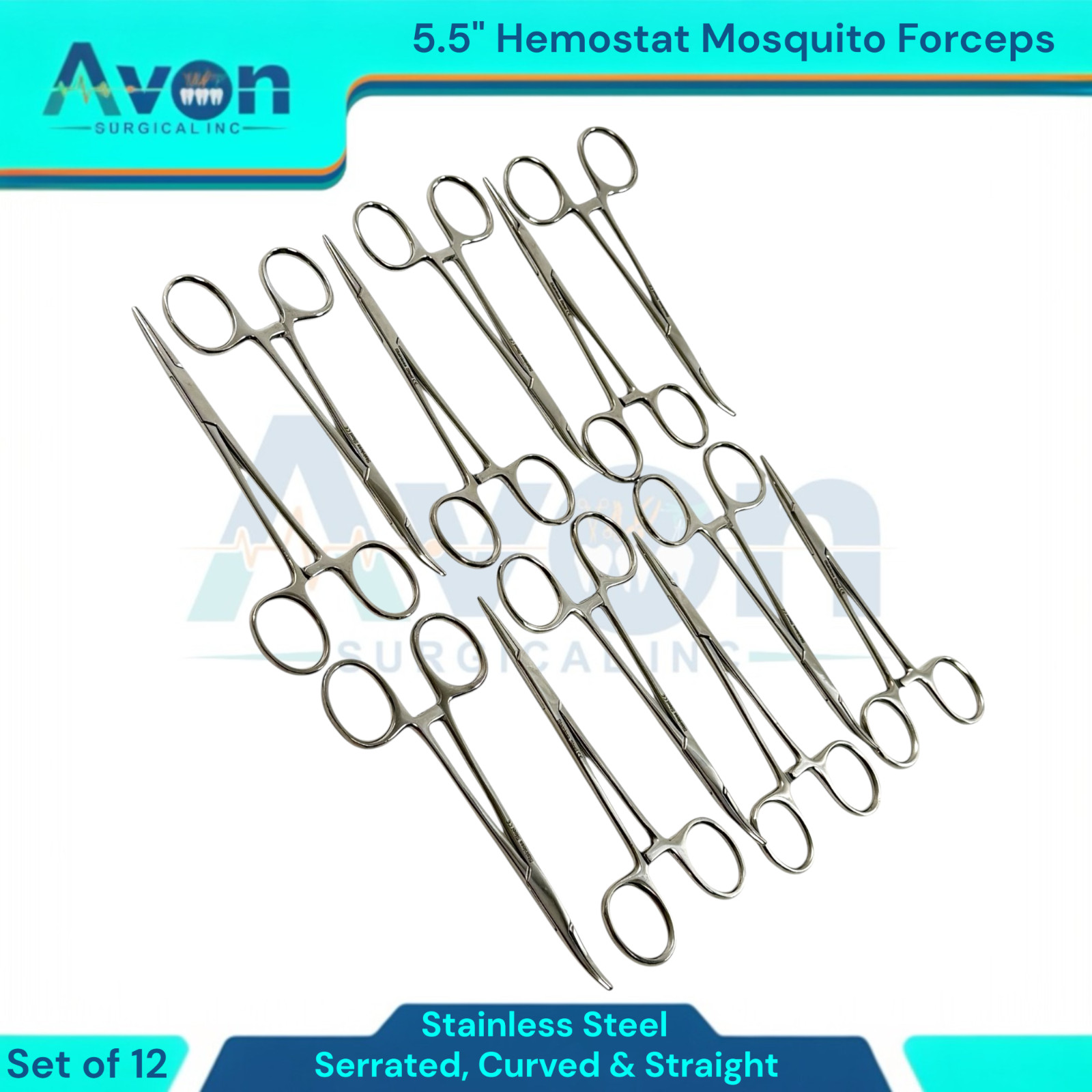 5.5in Hemostat Locking Mosquito Forceps Clamps | Cur+Str, Serrated | 12pc Lot