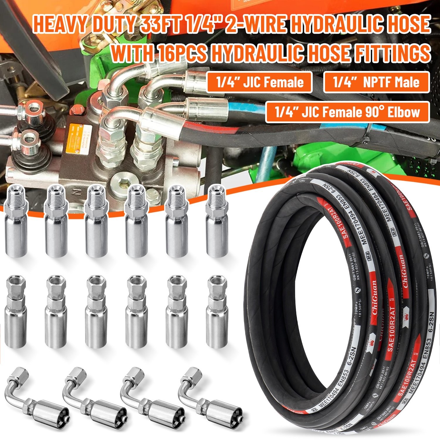 33FT 1/4″ 2-Wire Hydraulic Tube w/ 16 Fittings (JIC Female & NPTF Male & JIC Fem