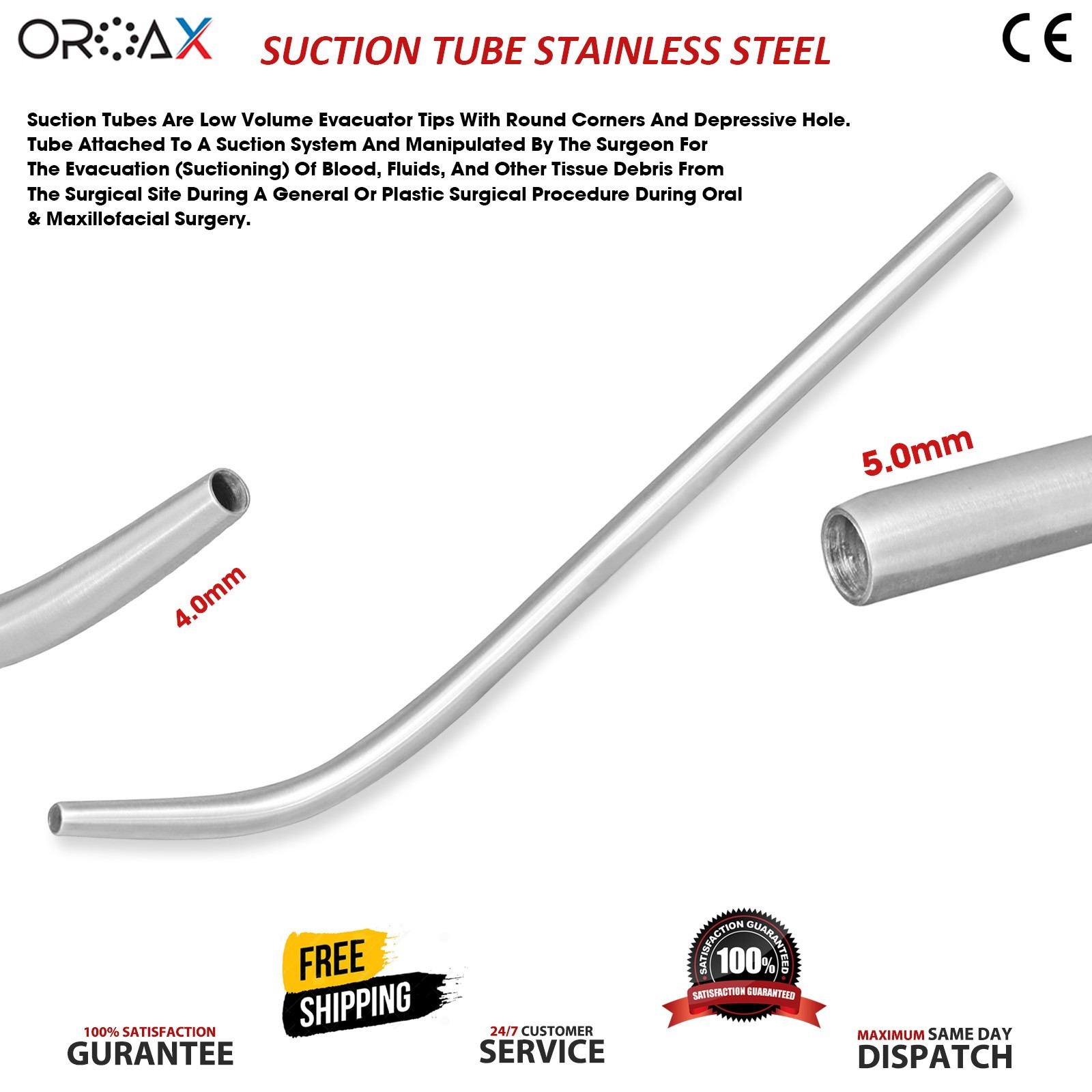 Dental Suction Tube 4–5mm Stainless Steel Surgical Aspirator Cannula Reusable