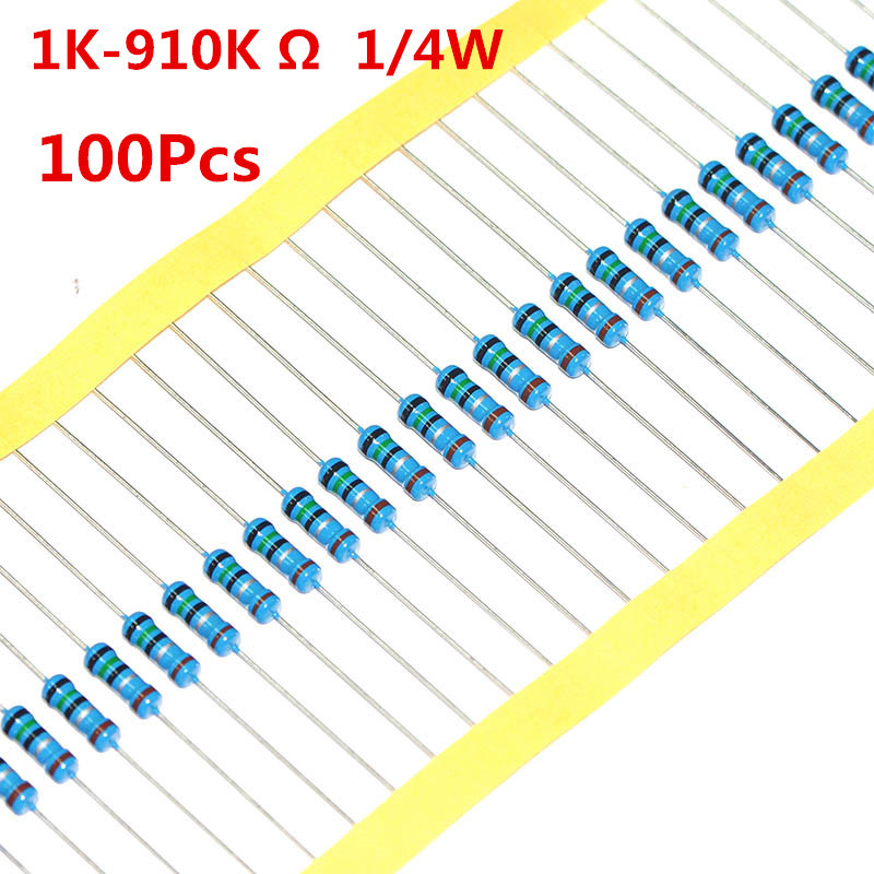 100Pcs 1/4W 0.25W Metal Film Resistor ±1% 1K -910K Ω Ohm 1 K – 910 K