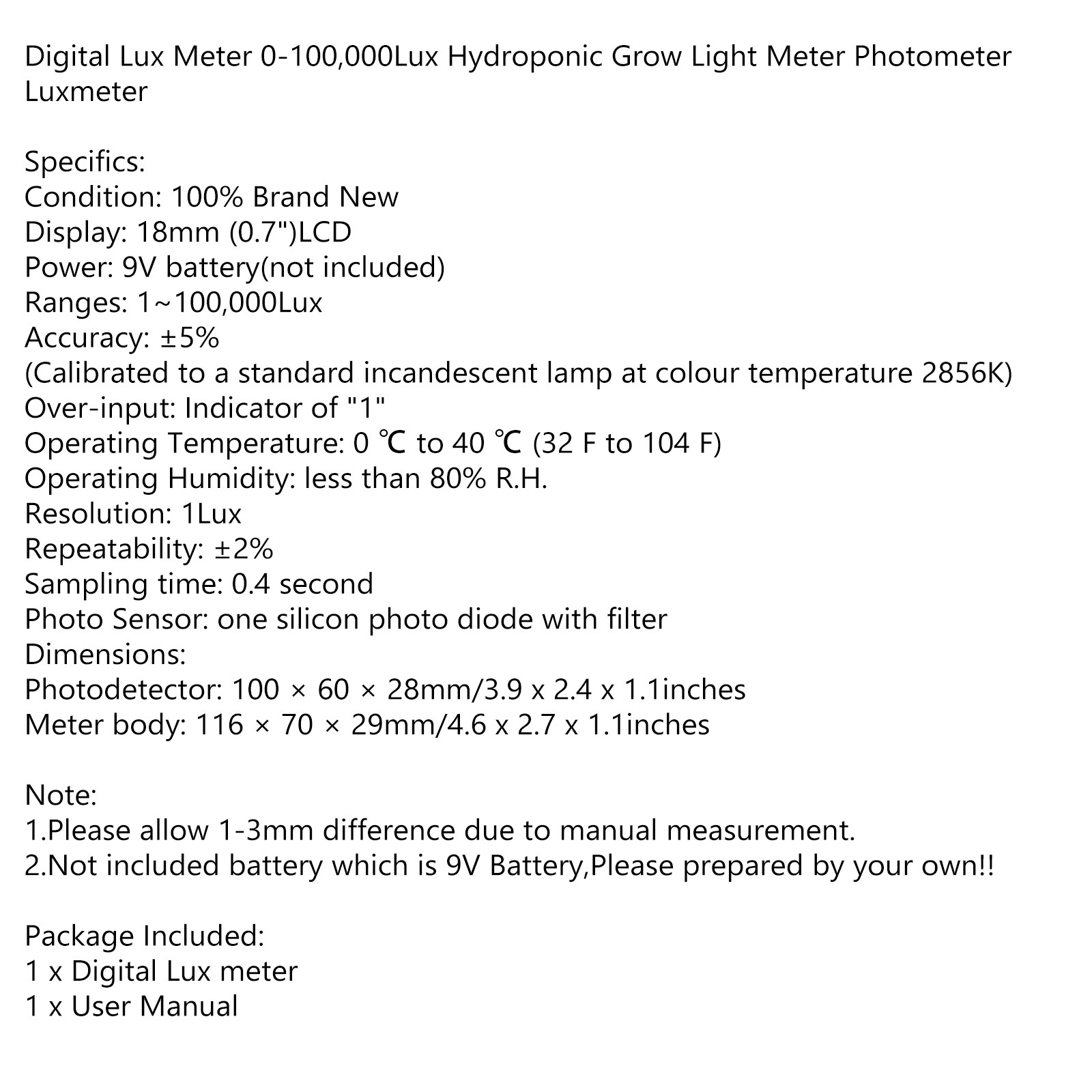 Digital Luxmeter Lux Meter Light Level Sensor Tester Photometer 0-100000Lux