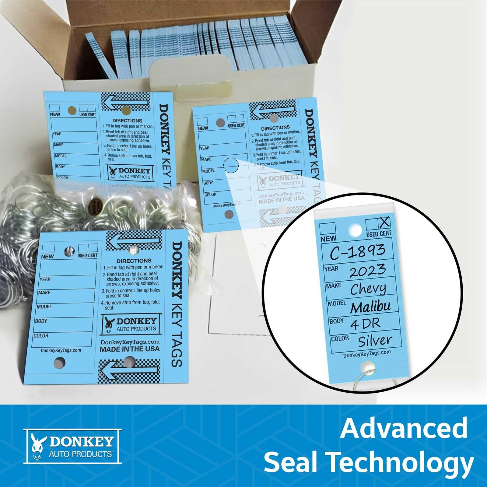 Donkey Key Tags, Laminated Self-Protecting (250 Tags per Box with Metal Rings) (