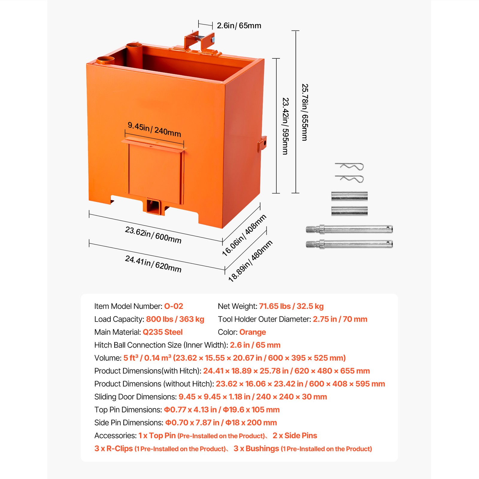 Ballast Box 3 Point Category 1 Tractor 5ft³ Capacity 800lbs Counterweight Orange