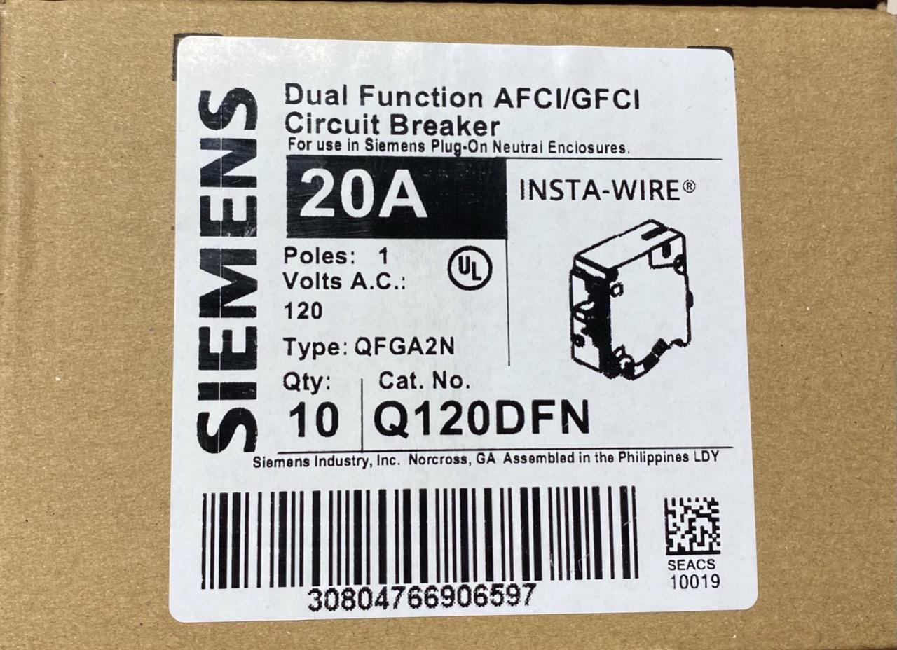 BOX OF 10 SIEMENS Q120DFN 20A DUAL AFCI/GFCI PLUG ON NEUTRAL BREAKER BRAND NEW