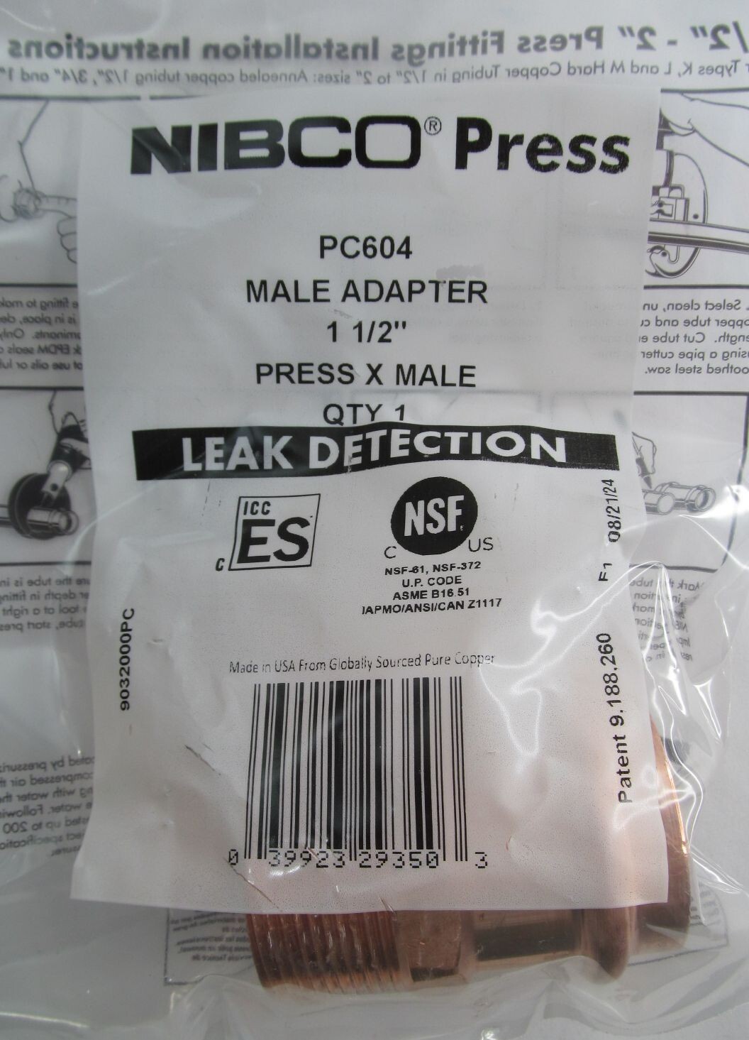 NEW NIBCO LEAK DETECTION PC604 PRESS x MALE 1-1/2″ COPPER MALE ADAPTER 9032000PC