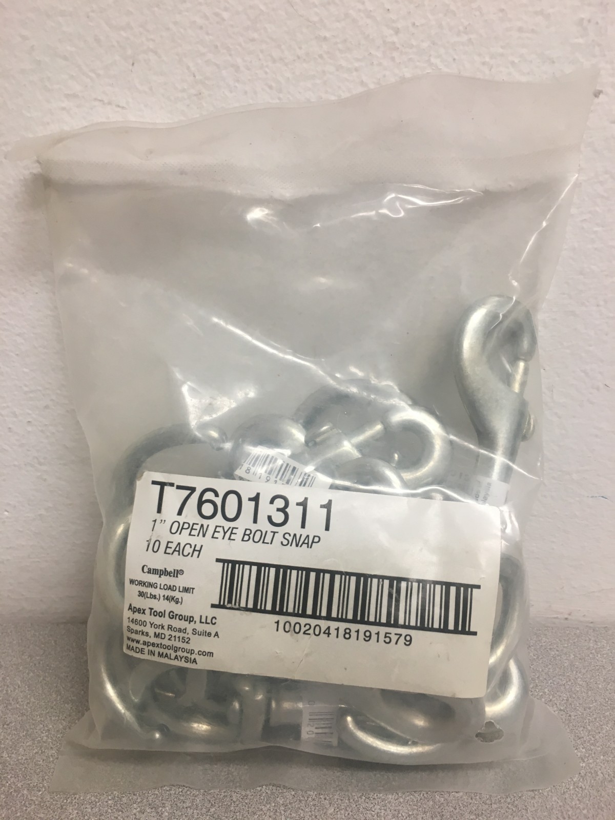 Campbell 1 in. D X 4-3/4 in. L Zinc-Plated Iron Open Eye Bolt Snap 30 lb (10 pc)