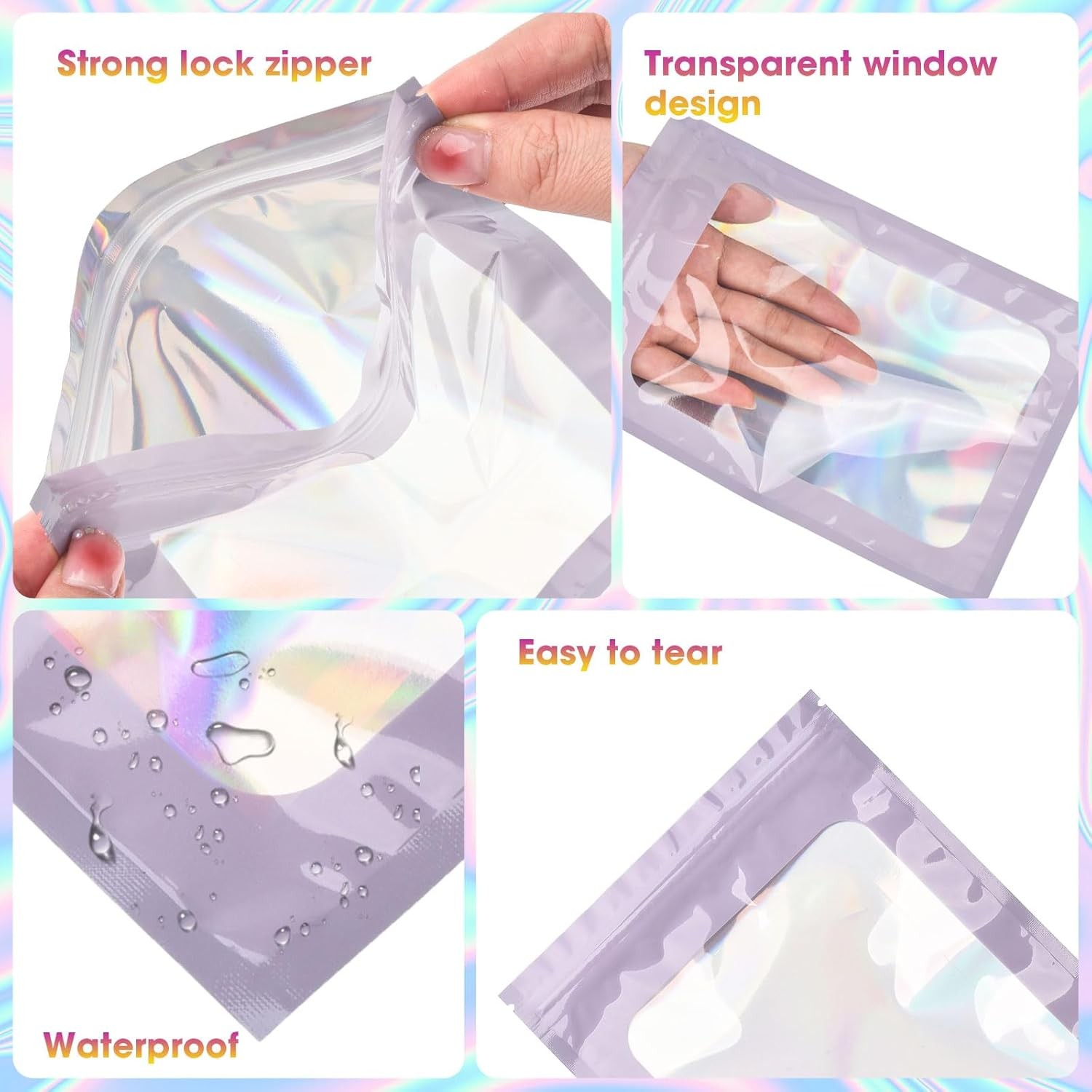 Holographic Mylar Bags Resealable Foil Pouch Zip Bags Smell Proof Food Storage