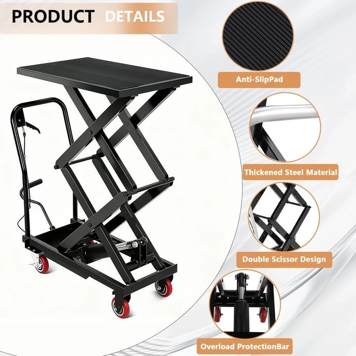 770Lbs Hydraulic Double Scissor Lift Table Cart 11-59″ Height Steel Wheels Black