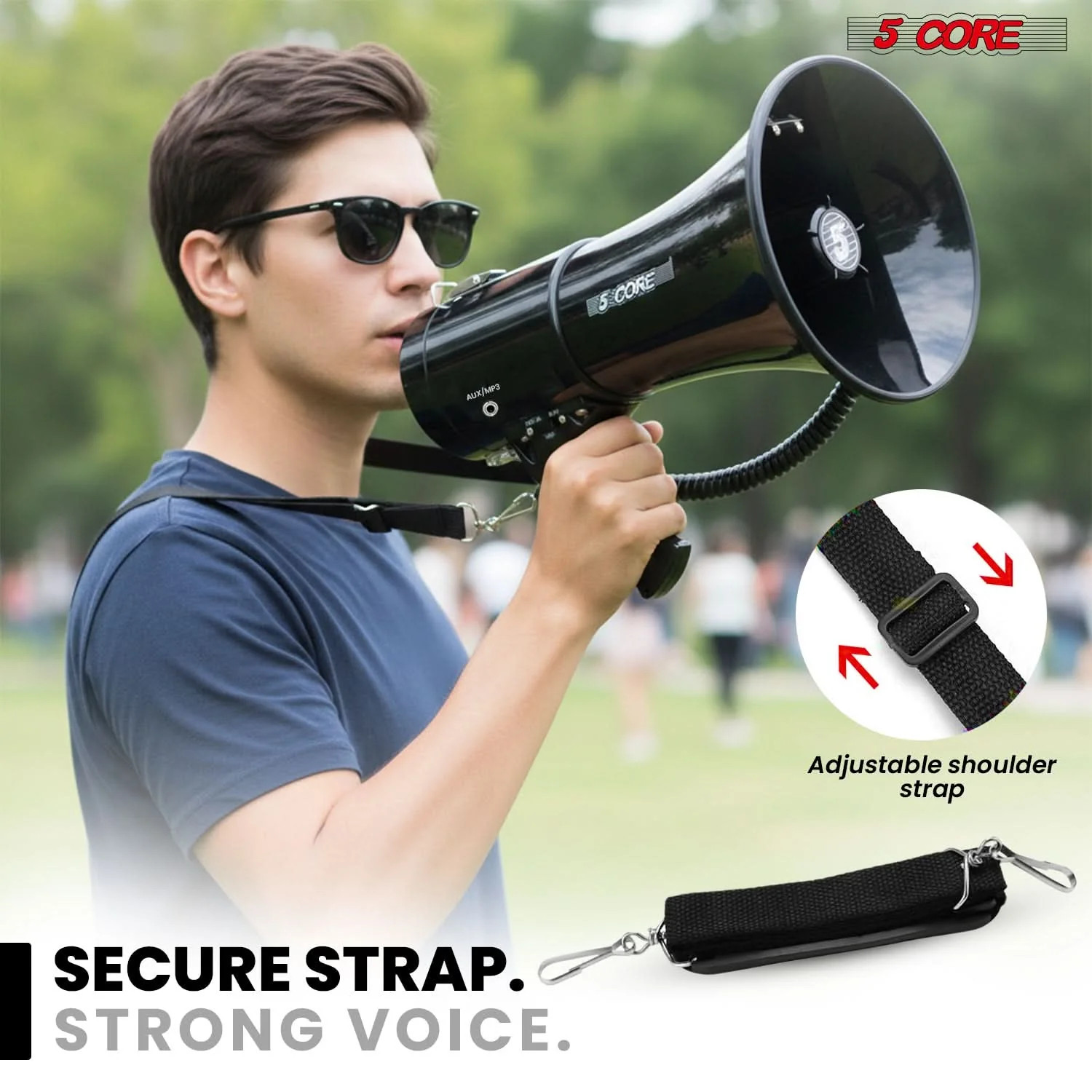 5 Core Megaphone Bullhorn 50W Speaker w Handheld Mic Shoulder Strap Loud Audio