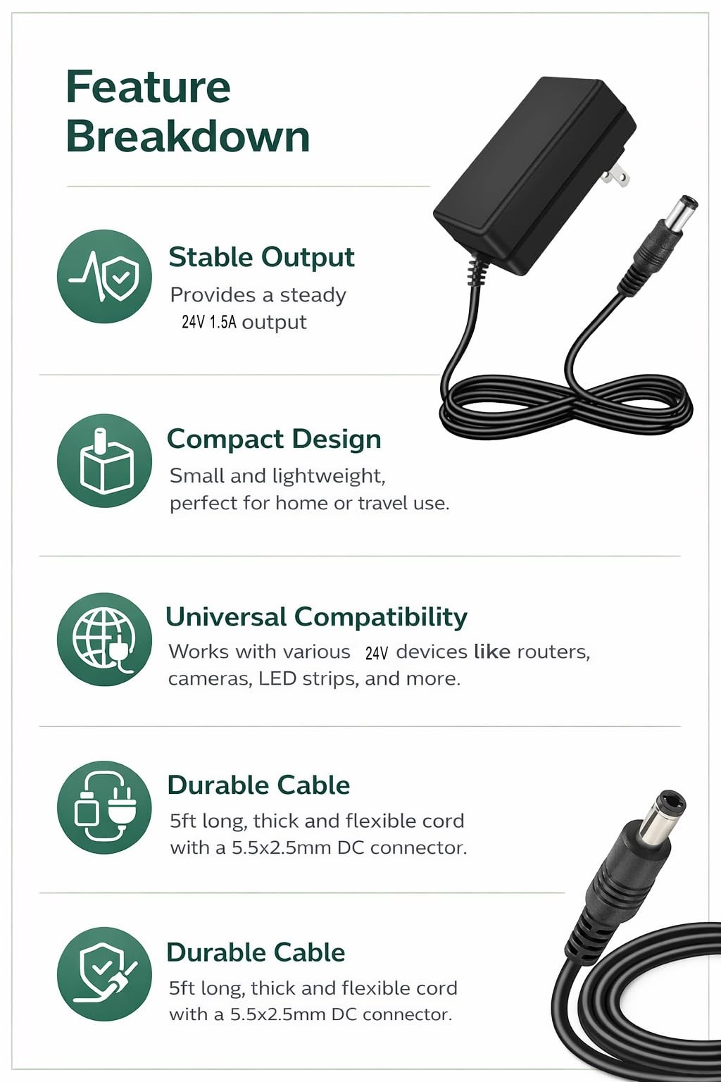 24V 1.5A Power Supply AC Adapter, 100-240V 50-60Hz to DC 24V 1.5A Switching C…