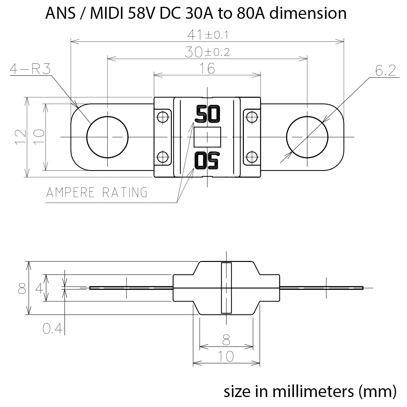 Premium 58V DC ANS MIDI Fuse 70A midifuse 70 amp 58VDC 6mm Bolt On – Brown
