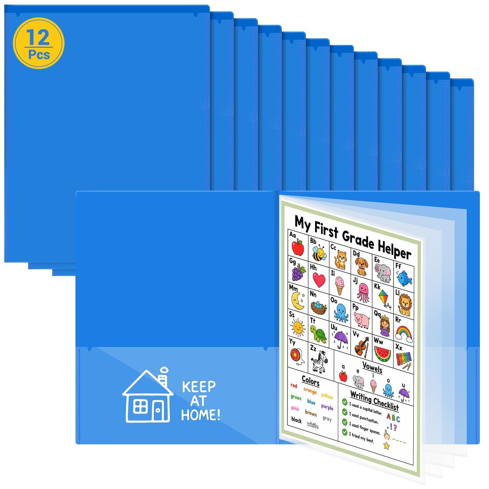 12 PCS Take Home Folders 2 Pocket Clear Front 11.81×9.45 Inch Plastic Blue