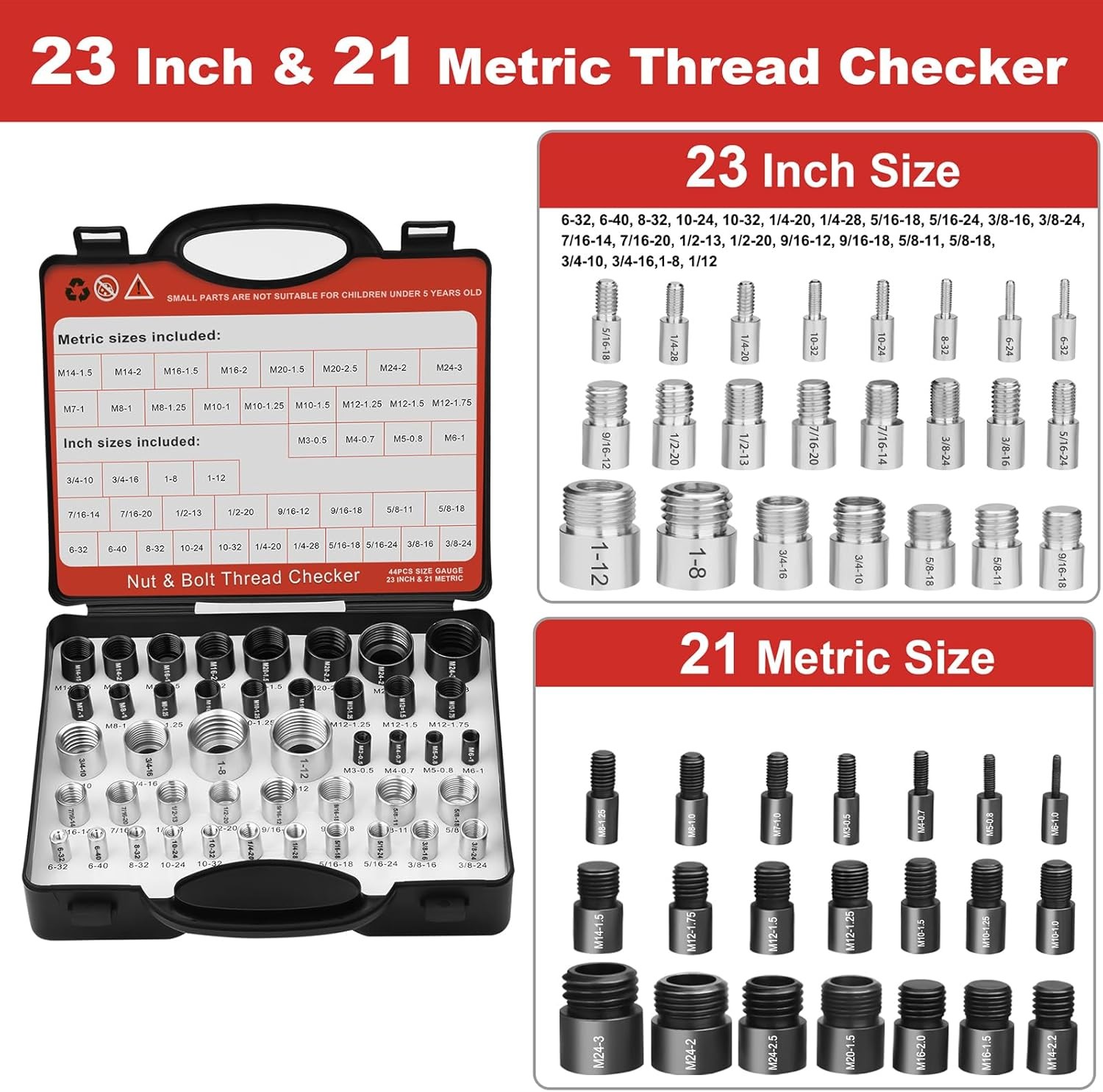 50Pcs Nut & Bolt Thread Checker Gauge 27 Standard 23 Metric Size Finder Tool Set