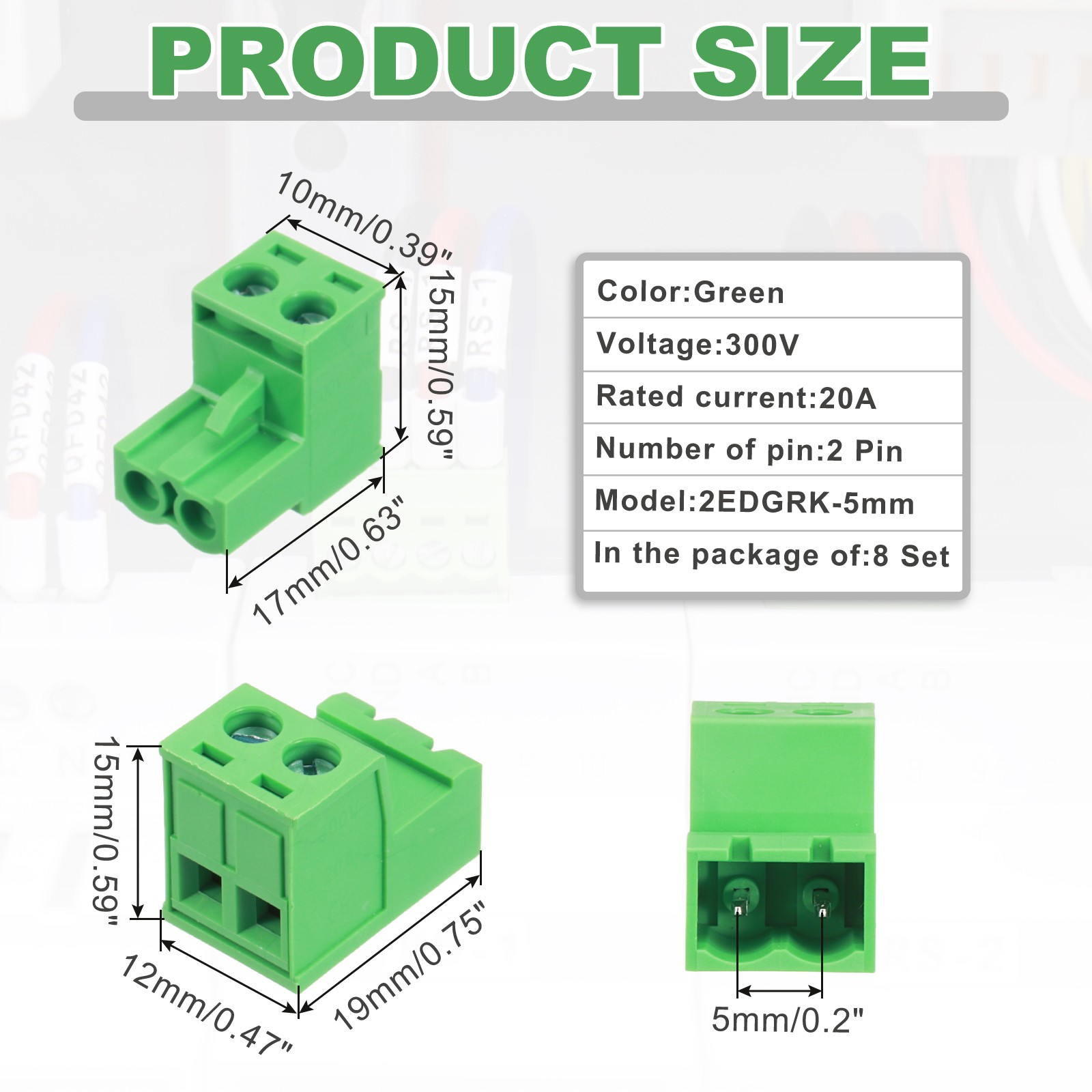 8 Set 2 Pin 5mm 0.2 Inch Pitch PCB Mount Screw Terminal Male Female, Green