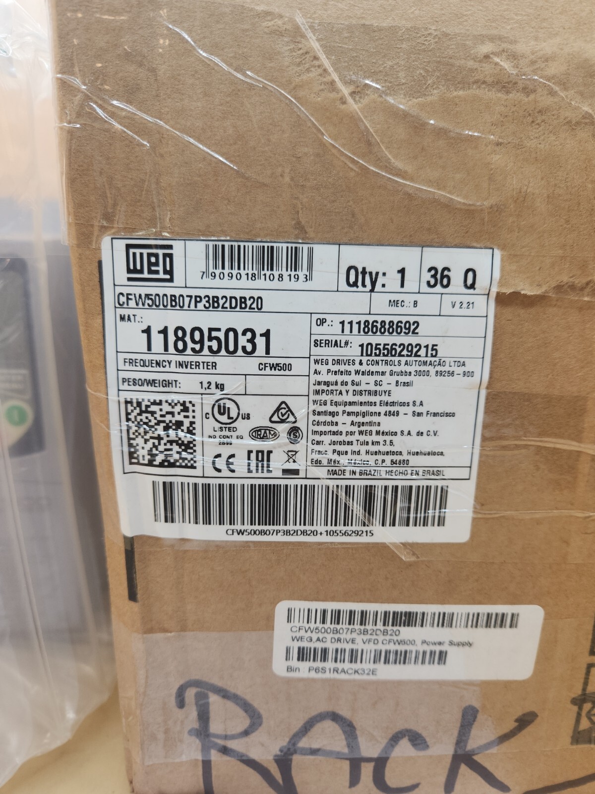 WEG CFW500B07P3B2DB20 VFD 2 HP 7.3 kW IP20 200-240 Vac 7.3 A CFW500