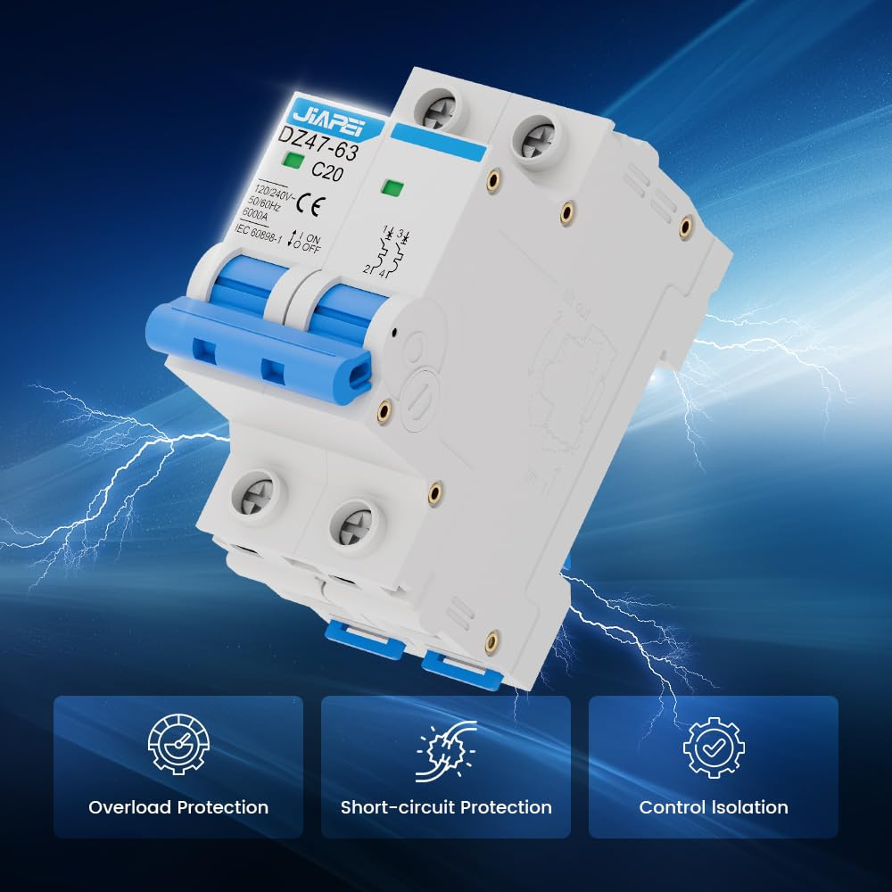 AC Miniature Circuit Breaker, 120V/240V 2 Pole 20 Amp DIN Rail Mount Circuit Br