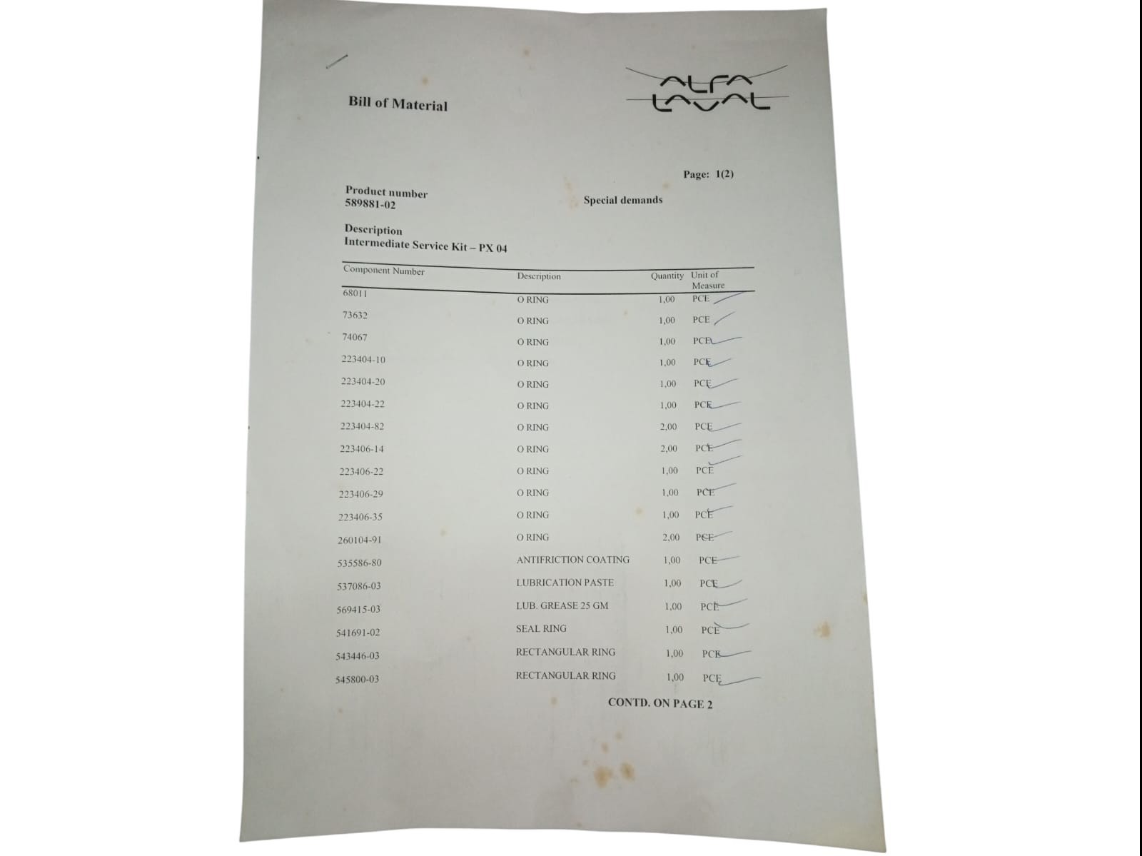 New Alfa Laval 589881-02 Intermediate Service Kit PX-04 Quantity Available