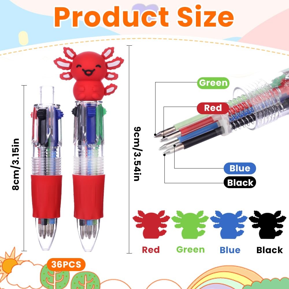 Vellibring 36pcs Fun Pens Axolotl Mini Multicolor Black, Red, Blue, Green