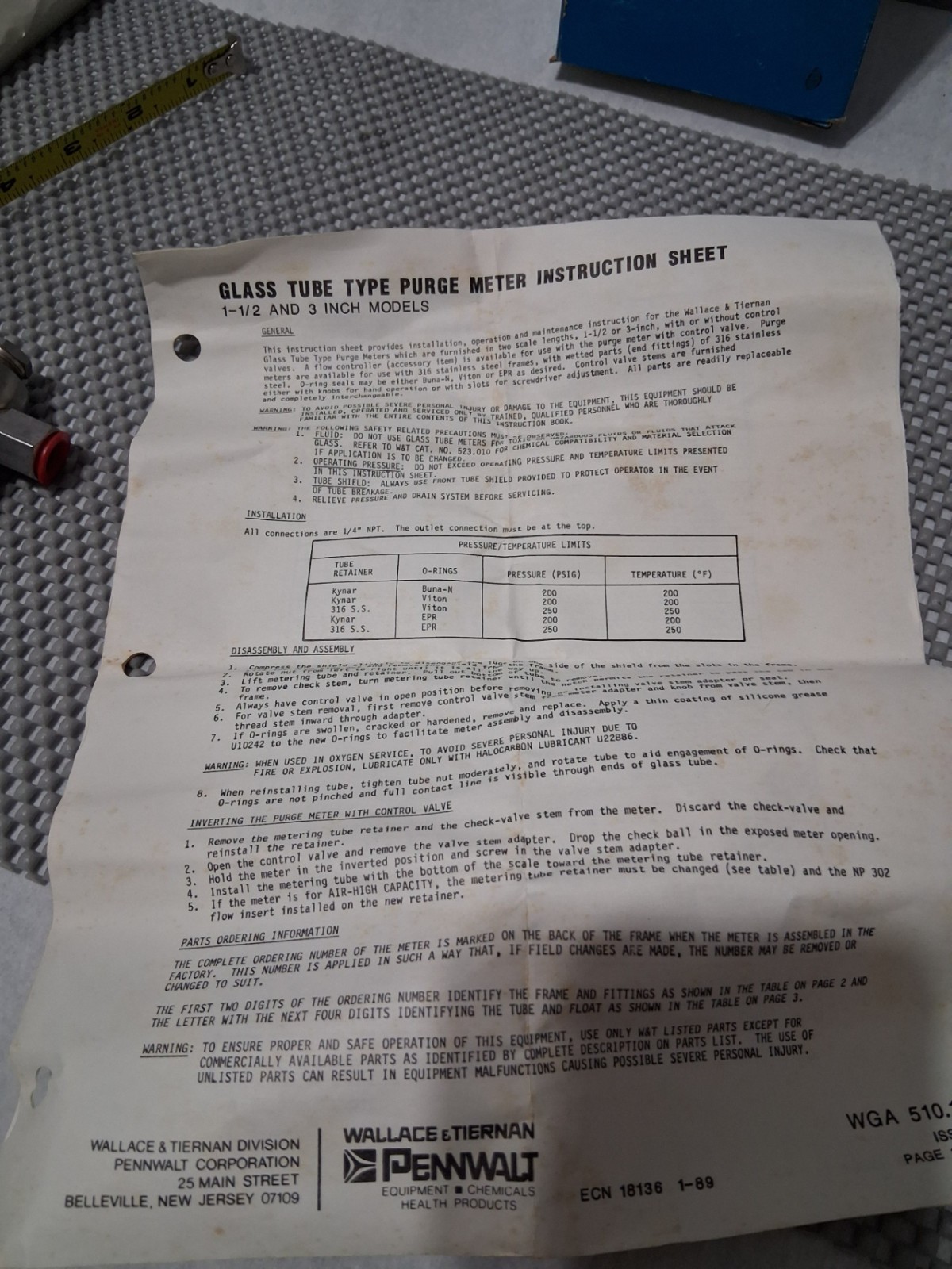 Vintage NOS Wallace & Tiernan 36E083SSXX2 Purge Meter *See Pics for Specs.