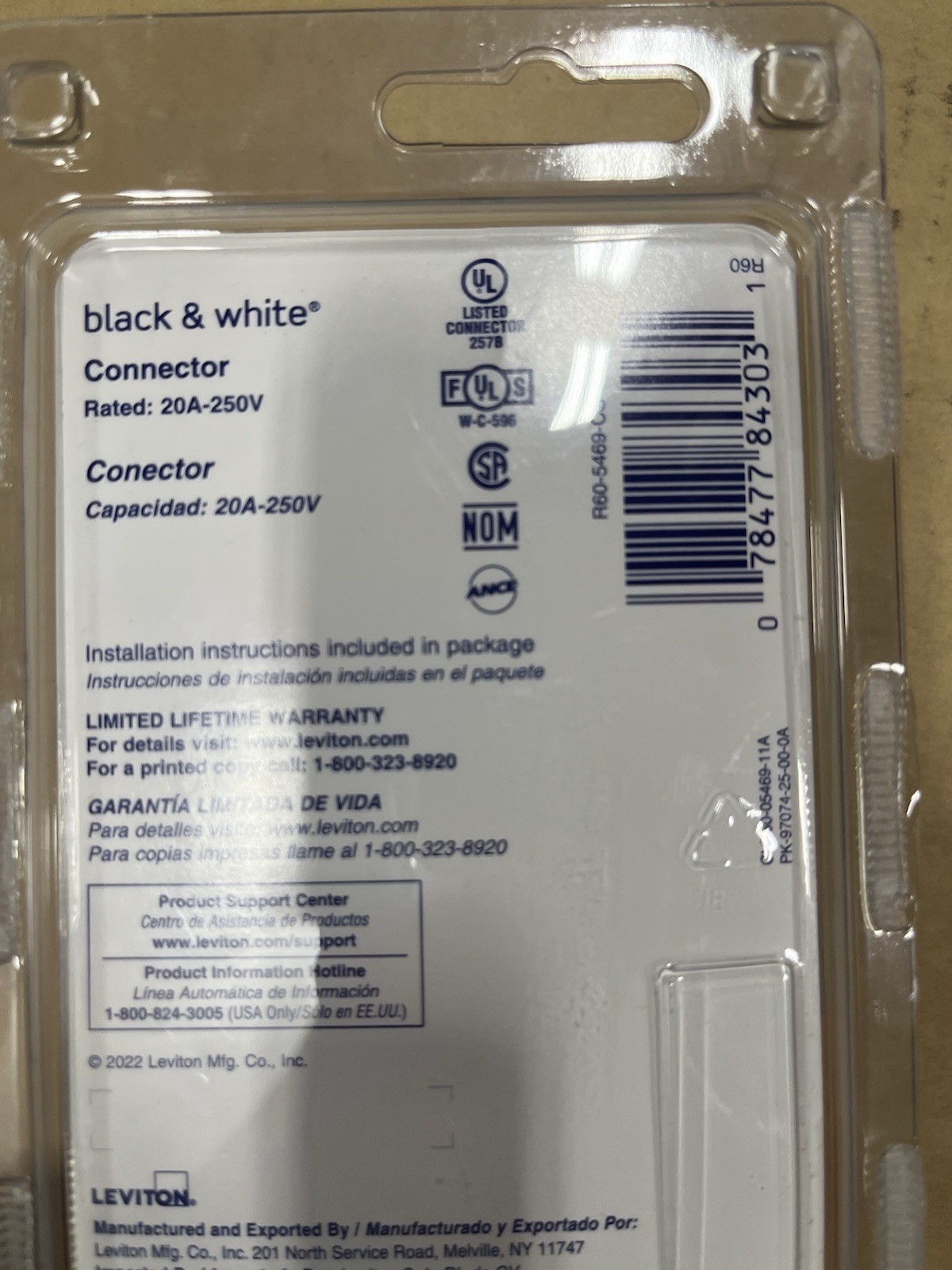 Leviton 5469-CS 20 Amp 250-Volt Straight Blade Connector, Black and White