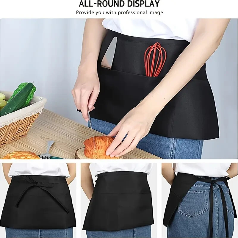 12 Half Bib Waist Apron Heavy Duty 3 Pocket Waitress Waiter Unisex Server
