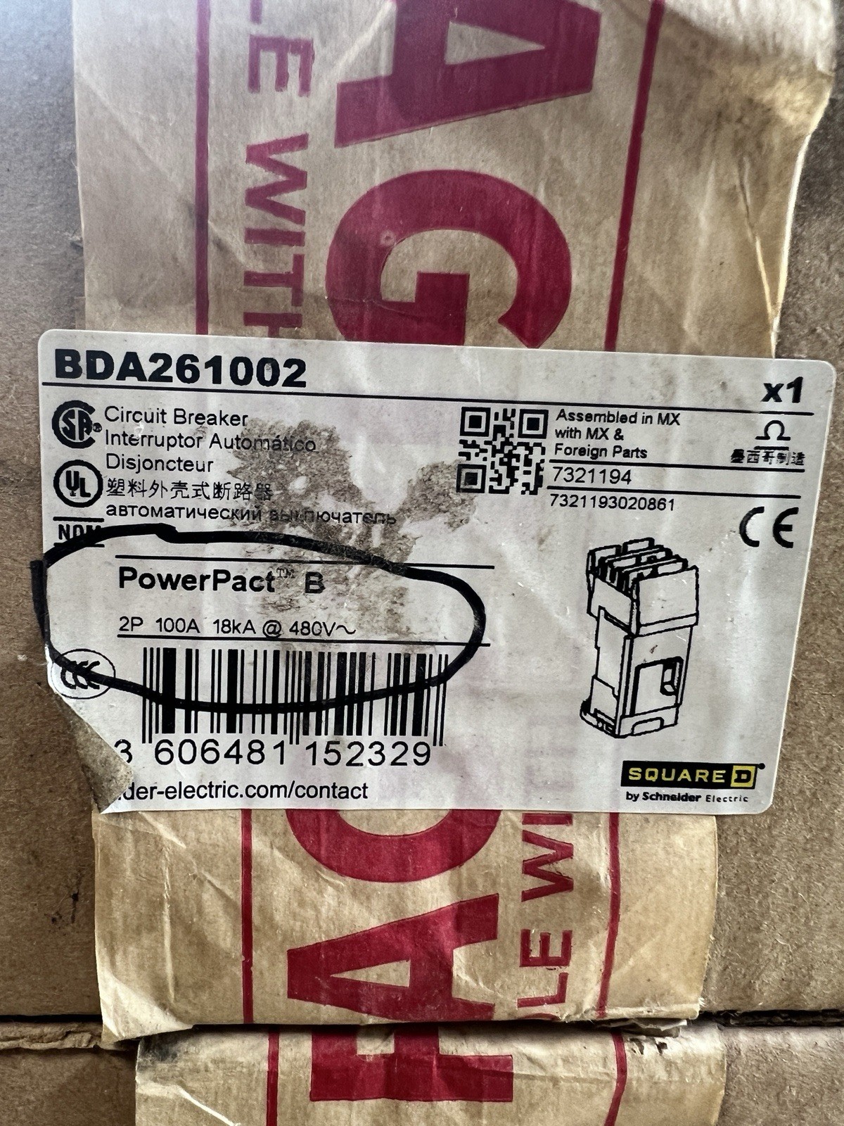 Square D PowerPact B Circuit Breaker 100A 2P 480V BDA261002 I-Line